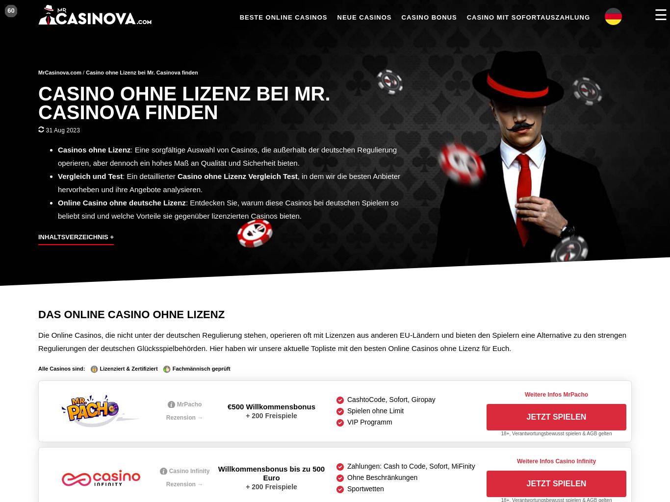 Casino ohne Lizenz bei Mr. Casinova finden